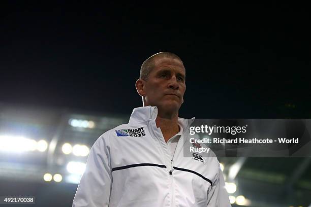 Stuart Lancaster, Head Coach of England looks on prior to the 2015 Rugby World Cup Pool A match between England and Uruguay at Manchester City...