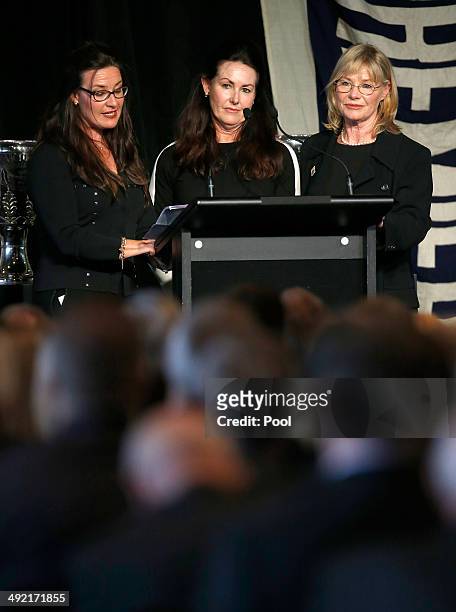 Tom Hafey's daughters Rhonda, Karen and Joanne are seen during the Tom Hafey funeral service at Melbourne Cricket Ground on May 19, 2014 in...