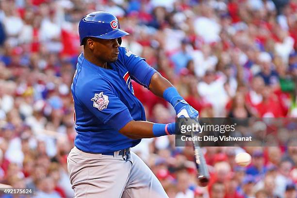 Jorge Soler of the Chicago Cubs hits a two-run home run in the second inning against the St. Louis Cardinals during game two of the National League...