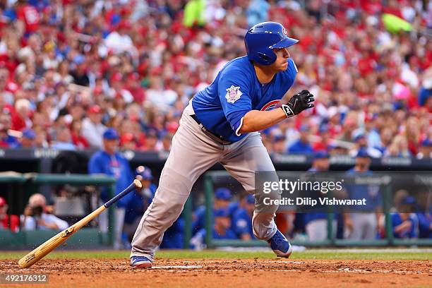 Miguel Montero of the Chicago Cubs drives in a run in the third inning against the St. Louis Cardinals during game two of the National League...