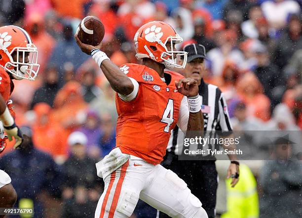 Deshaun Watson of the Clemson Tigers throws a pass during the game against the Georgia Tech Yellow Jackets at Memorial Stadium on October 10, 2015 in...