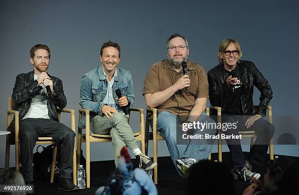 Actor Seth Green, Breckin Meyer, Tom Root and Tom Sheppard attend Meet the Creator: Seth Green and Matthew Senreich, "Robot Chicken"at Apple Store...