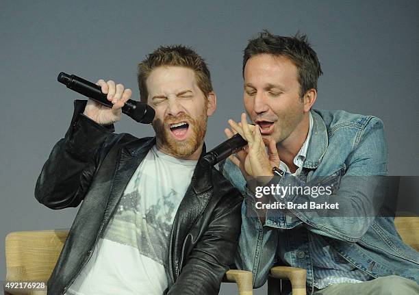 Actor Seth Green and Breckin Meyer attend Meet the Creator: Seth Green and Matthew Senreich, "Robot Chicken"at Apple Store Soho on October 10, 2015...