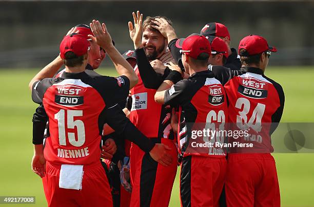 Kane Richardson of the Redbacks celebrates after taking the wicket of Marnus Labuschagne of the Bulls during the Matador BBQs One Day Cup match...