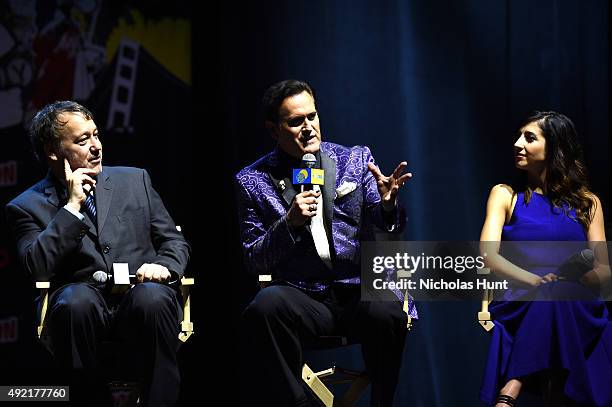 Sam Raimi, Bruce Campbell and Dana DeLorenzo speaks onstage the STARZ' Ash vs Evil Dead Panel At Hammerstein Ballroom During New York Comic Con at...