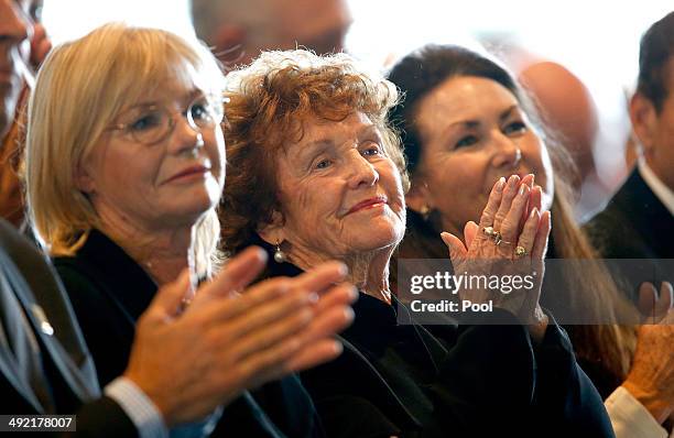 Tom Hafey's wife Maureen Hafey is seen during the Tom Hafey funeral service at Melbourne Cricket Ground on May 19, 2014 in Melbourne, Australia....