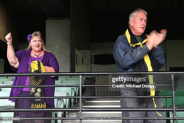 Tigers fans sing the Richmond theme song during the public service for Tom Hafey at Melbourne Cricket Ground on May 19, 2014 in Melbourne, Australia....