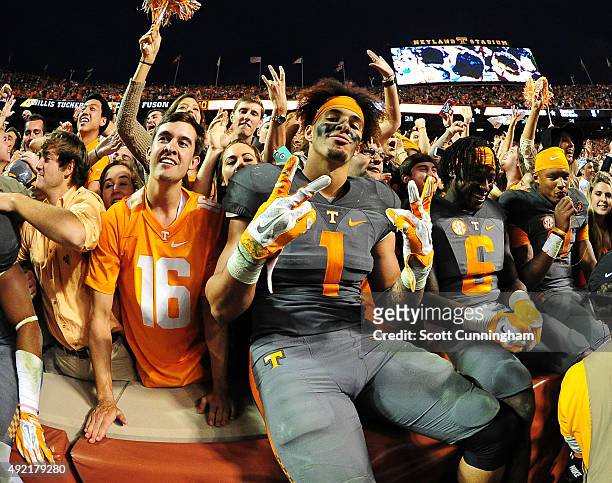 Jalen Hurd of the Tennessee Volunteers celebrates after the game against the Georgia Bulldogs on October 10, 2015 at Neyland Stadium in Knoxville,...