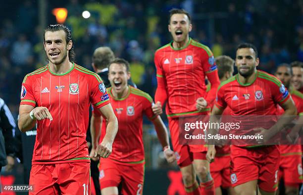 Gareth Bale of Wales celebrate with the team mates Chris Gunter Aaron Ramsey and Hal Robson-Kanu after the Euro 2016 qualifying football match...