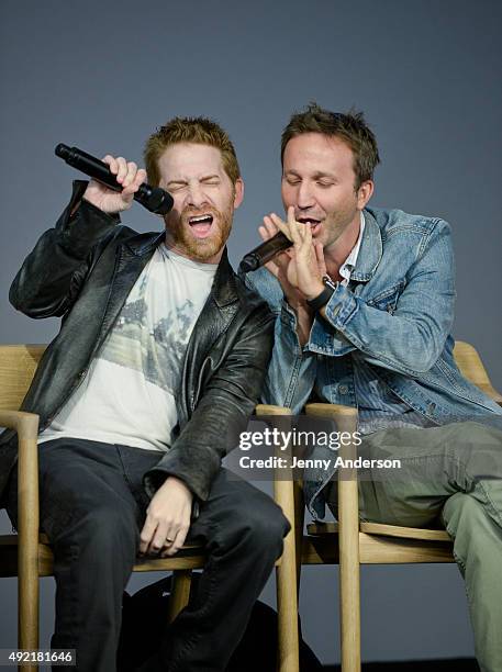 Seth Green and Breckin Meyer attend 'Meet the Creator' to discuss "Robot Chicken" at Apple Store Soho on October 10, 2015 in New York City.