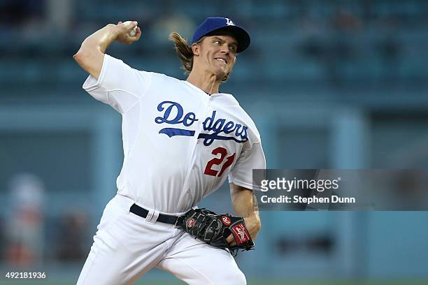 Zack Greinke of the Los Angeles Dodgers pitches in the first inning against the New York Mets in game two of the National League Division Series at...