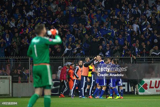 Bosnian players celebrate after scoring during the UEFA EURO 2016 qualifying group B soccer match between Wales and Bosnia and Herzegovina at Bilino...
