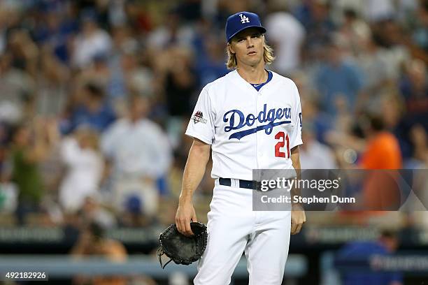 Zack Greinke of the Los Angeles Dodgers reacts in the second inning while taking on the New York Mets in game two of the National League Division...