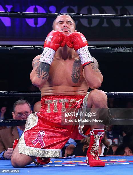 Gabriel Bracero celebrates after defeating Danny O'Connor during their Welterweight bout on October 10, 2015 at Lowell Memorial Auditorium in Lowell,...