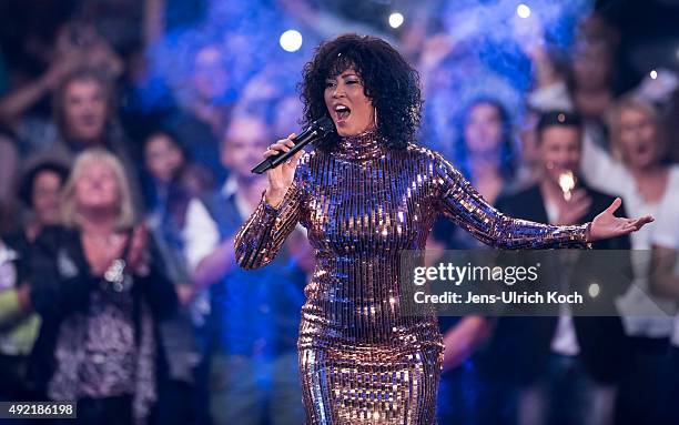 Belinda Davids performs during the tv show '150 Jahre Schlager - Das Grosse Fest Zum Jubilaeum' at Messe Erfurt on October 10, 2015 in Erfurt,...