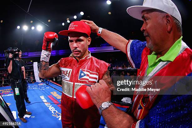 Gabriel Bracero celebrates his win over Danny O'Connor after their Welterweight bout on October 10, 2015 at Lowell Memorial Auditorium in Lowell,...