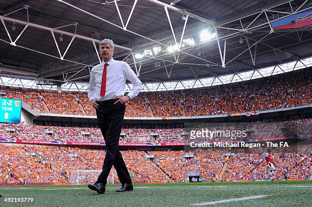 Arsene Wenger, manager of Arsenal looks on during the FA Cup with Budweiser Final match between Arsenal and Hull City at Wembley Stadium on May 17,...