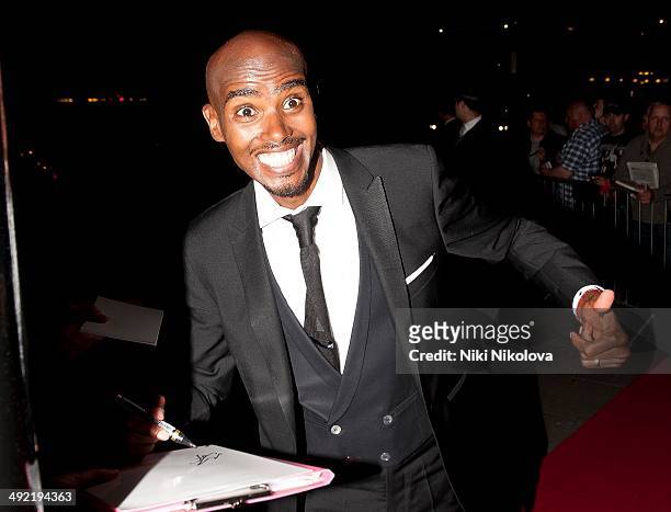 Mohamed Farah arrives at the Arqiva British Academy Television Awards after party held at the Grosvenor house, Park Lane on May 18, 2014 in London,...