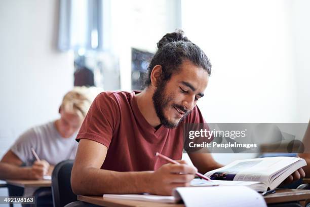 working hard for good grades - tentamenzaal stockfoto's en -beelden