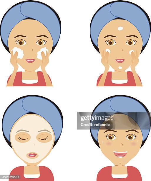 illustrations, cliparts, dessins animés et icônes de se laver le visage-procédure étape par étape - femme lave visage