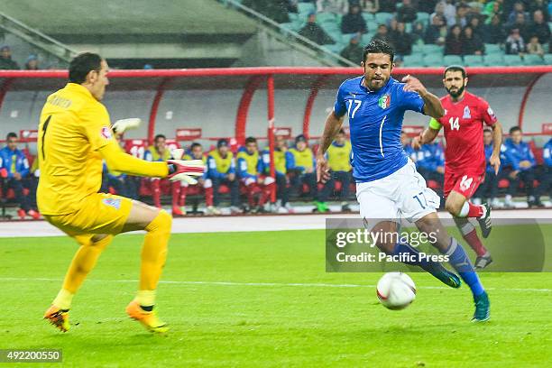 Italy's Eder , right, scores a goal during the Euro 2016 group H qualifying soccer match between the Azerbaijan and Italy at the Olympic stadium in...