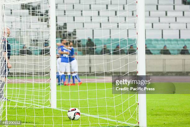 Eder of Italy celebrates after scoring the opening goal during the UEFA Euro 2016 qualifying football match between Azerbaijan and Italy at Olympic...