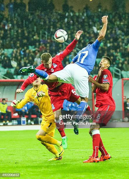 Italy's Eder and Azerbaijan's Maksim Medvedev vie for the ball during the UEFA Euro 2016 qualifying football match between Azerbaijan and Italy at...