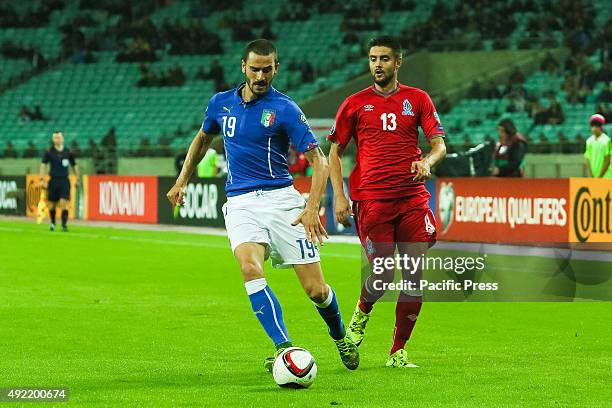 Italy's Leonardo Bonucci and Azerbaijan's Dmitri Nazarov heading for the ball during the UEFA Euro 2016 qualifying football match between Azerbaijan...