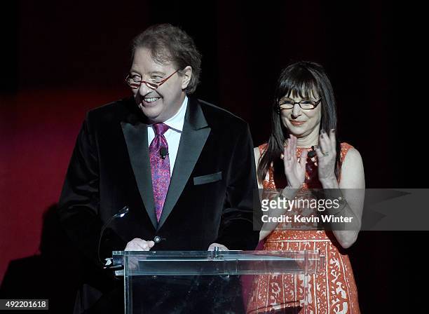 Dr. Brian Durie and International Myeloma Foundation President Susie Novis speak onstage during the 9th Annual Comedy Celebration, presented by the...