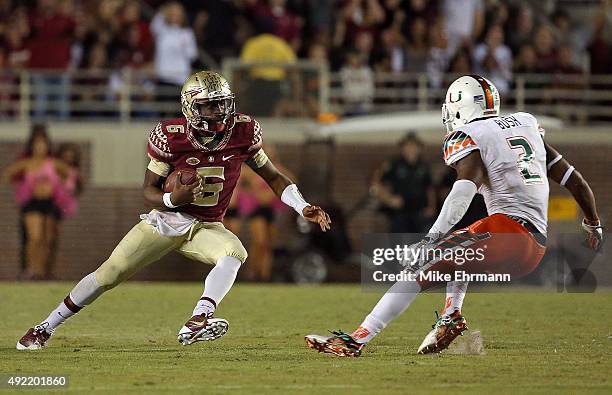 Everett Golson of the Florida State Seminoles rushes during a game against the Miami Hurricanes at Doak Campbell Stadium on October 10, 2015 in...