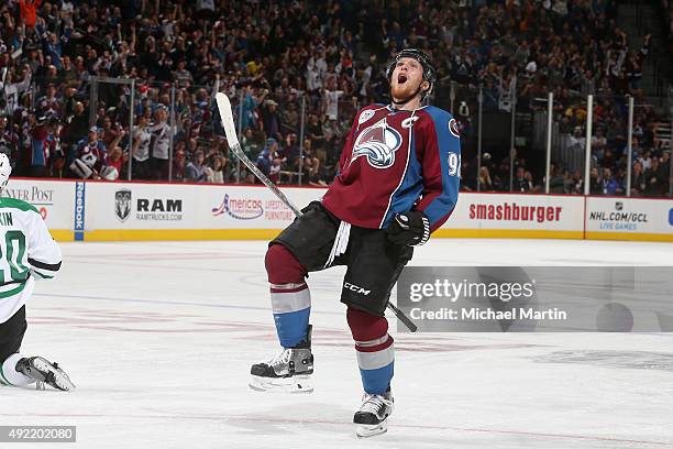 Gabriel Landeskog of the Colorado Avalanche celebrates after his goal against the Dallas Stars at the Pepsi Center on October 10, 2015 in Denver,...