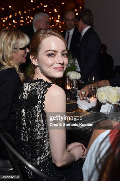 Emma Stone, wearing Bottega Veneta, attends Hammer Museum's "Gala in the Garden" Sponsored by Bottega Veneta at Hammer Museum on October 10, 2015 in...