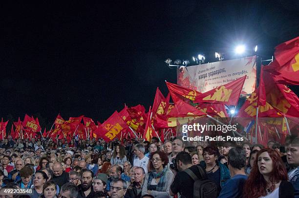 The supporters of General Secretary of KKE Dimitris Kouytsoumbas when he gives a speech during the 41st Festival of KNE .