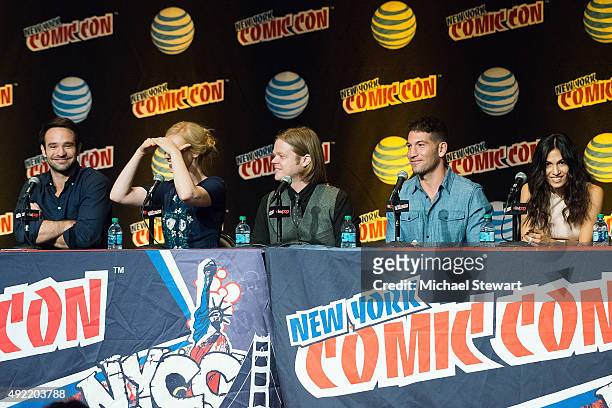 Actors Charlie Cox, Deborah Ann Woll, Elden Henson, Jon Bernthal and Elodie Yung attend Marvel's "Daredevil" panel during New York Comic-Con Day 3 at...
