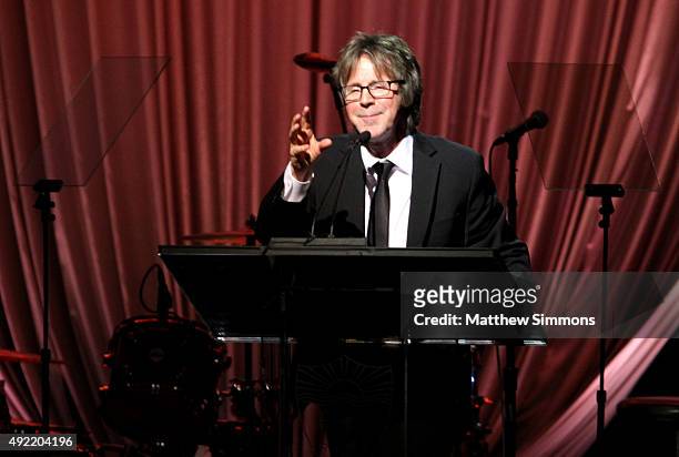 Comedian Dana Carvey speaks on stage at the USC Norris Cancer Center Gala at the Beverly Wilshire Four Seasons Hotel on October 10, 2015 in Beverly...
