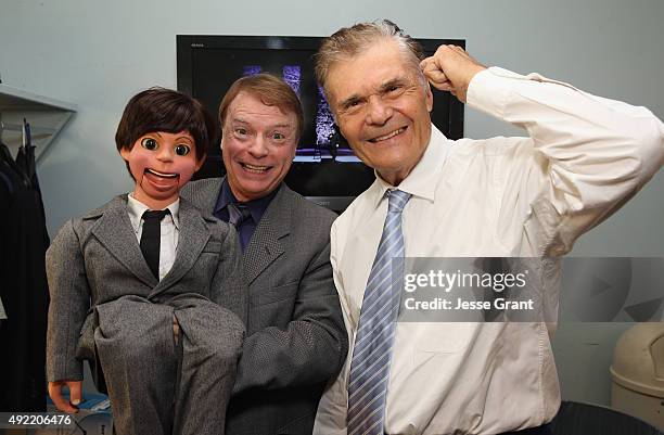 Ventriloquist Jay Johnson and host Fred Willard pose backstage during the 9th Annual Comedy Celebration, presented by the International Myeloma...