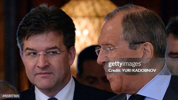 Russian Foreign Minister Sergei Lavrov meets his Slovakian counterpart Miroslav Lajcak in Moscow on May 19, 2014. Russia's ties with the European...