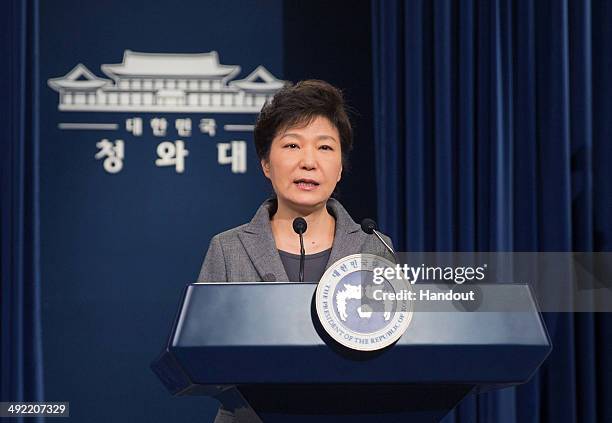 In this handout image provided by the South Korean Presidential Blue House, South Korean President Park Geun-Hye speaks during an address to the...