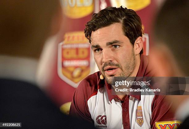 Aidan Guerra talks to the media during the Queensland Maroons State of Origin Team Announcement at Suncorp Stadium on May 19, 2014 in Brisbane,...