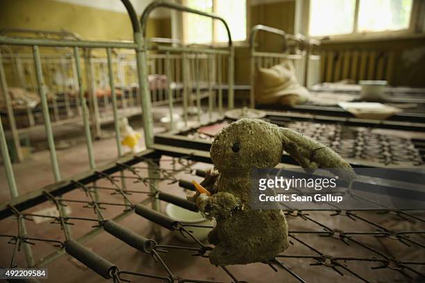 Stuffed rabbit doll sits among children's beds standing in the abandoned kindergarten of Kopachi village located inside the Chernobyl Exclusion Zone...