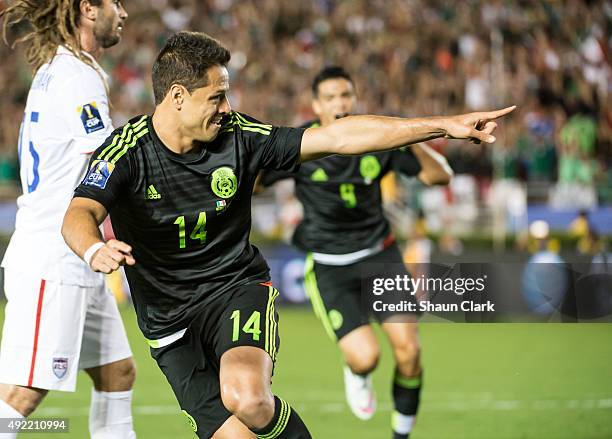 Javier Hernandez of Mexico celebrates the first goal of the match during the CONCACAF Cup between the United States and Mexico at the Rose Bowl on...