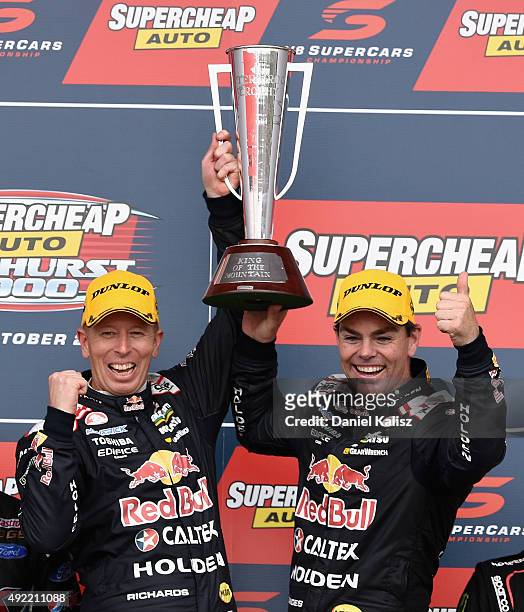 Craig Lowndes driver of the Red Bull Racing Holden VF Commodore and Steven Richards driver of the Red Bull Racing Holden VF Commodore celebrate on...