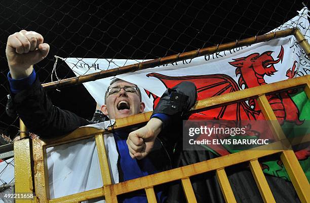 Wales' supporter waves after the Euro 2016 qualifying football match between Bosnia and Herzegovina and Wales, in Zenica, on October 10, 2015. The...