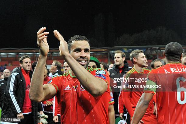 Wales' Hal Robson-Kanu salutes supporters after the Euro 2016 qualifying football match between Bosnia and Herzegovina and Wales, in Zenica, on...