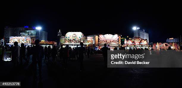 Guests line up at the food and drink booths during the 10th annual Wine Amplified festival at the Las Vegas Village on October 10, 2015 in Las Vegas,...