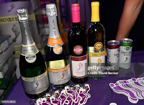 Bottle of wine are displayed at the Barfoot Oasis at the 10th annual Wine Amplified festival at the Las Vegas Village on October 10, 2015 in Las...