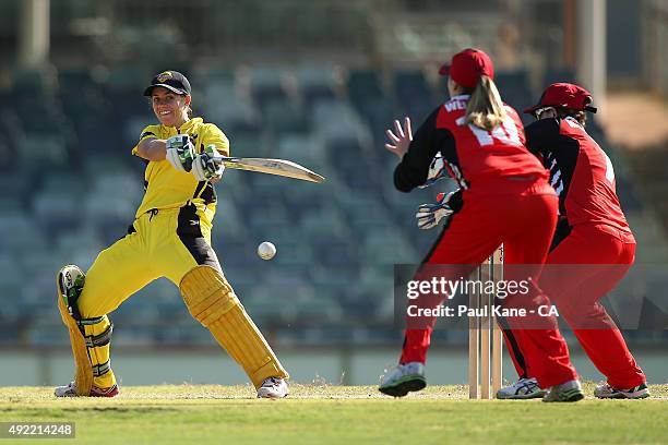 Nicole Bolton of Western Australia bats during the round one WNCL match between Western Australia and South Australia at WACA on October 11, 2015 in...