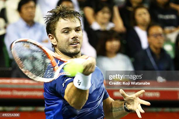 Stan Wawrinka of Switzerland competes against Benoit Paire of France during the men's singles final match on Day Seven of the Rakuten Open 2015 at...