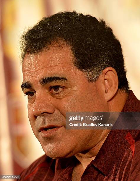 Coach Mal Meninga talks to the media during the Queensland Maroons State of Origin Team Announcement at Suncorp Stadium on May 19, 2014 in Brisbane,...