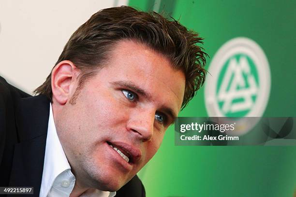 Felix Brych talks during a press conference of the German FIFA 2014 World Cup referees at DFB headquarters on May 19, 2014 in Frankfurt am Main,...